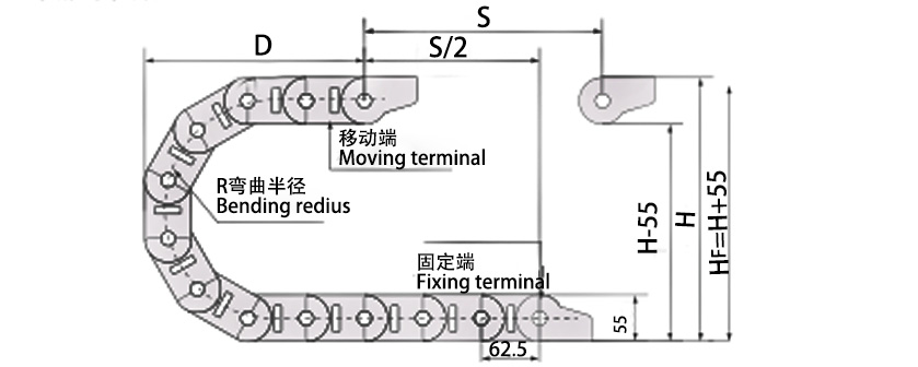 35系列高負載型拖鏈主要技術參數圖 35系列高負載型拖鏈主要技術參數圖