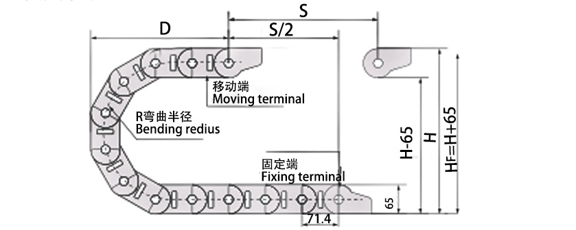 45系列高負載型拖鏈主要技術參數圖 45系列高負載型拖鏈主要技術參數圖